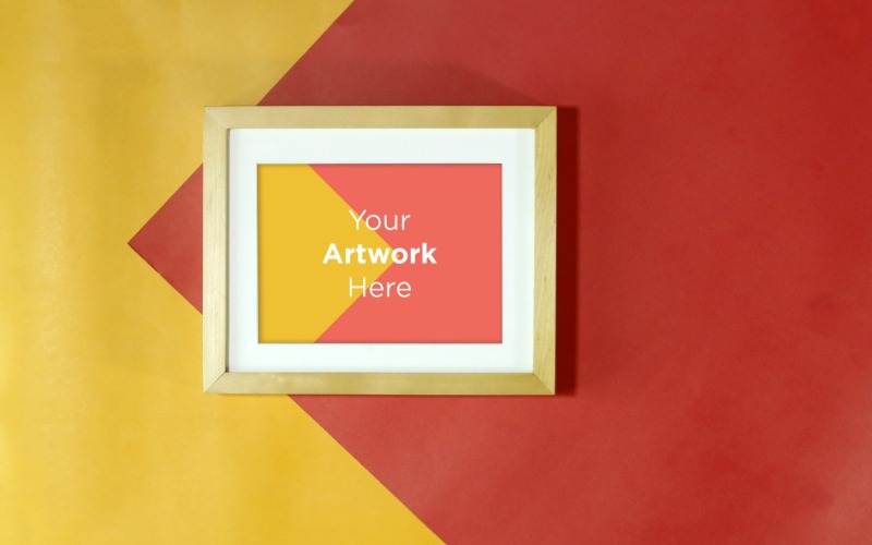 Square Wooden Frame Mockup with red and Yellow Color paper Background