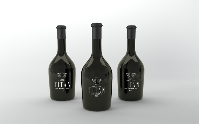 3D rendering of three smooth black wine bottles Mockup isolated in the light gray background