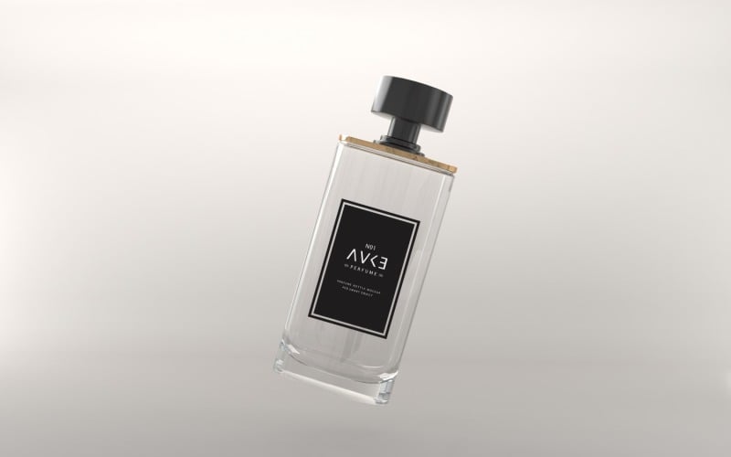 3D-Darstellung einer durchsichtigen Parfümflasche mit schwarzem Deckel isoliert auf weißem Hintergrund Vorlage