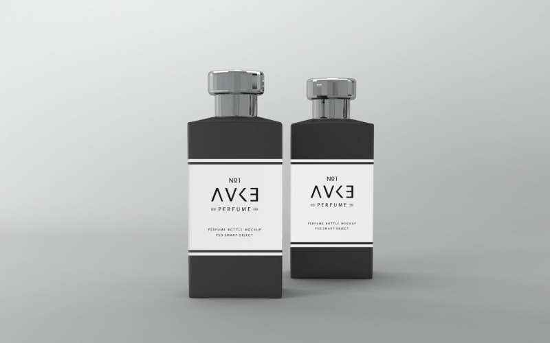 透明香水两瓶样机的 3d 渲染，黑色帽子隔离在白色背景上