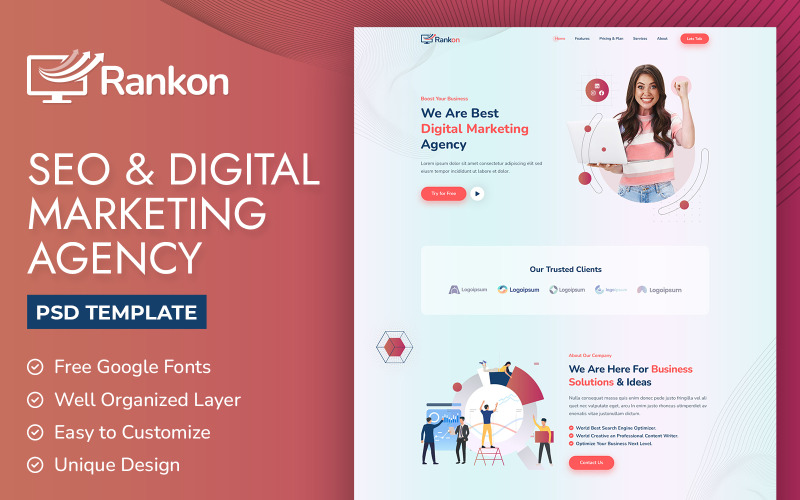 Modèle PSD de Rankon-SEO et d'agence de marketing numérique
