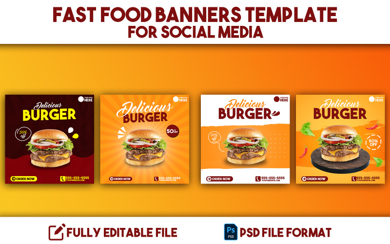 Шаблони банерів для бургерів для пакету соціальних медіа