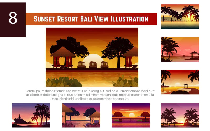8 Illustrazione di vista di Bali Resort al tramonto