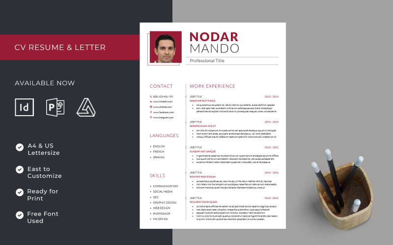 Szablon czystego CV Adobe InDesign, PowerPoint i Affinity Publisher