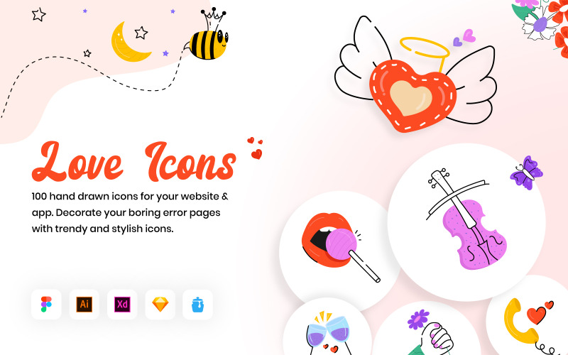 100 icônes d'amour dessinées à la main