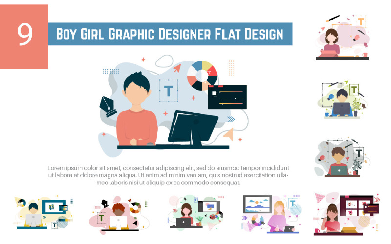 9 Menino Menina Designer Gráfico Flat Design