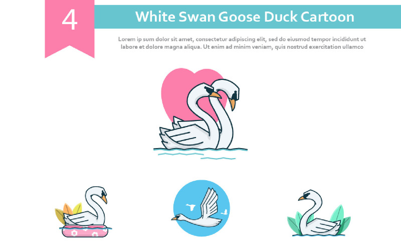 4 Ilustração de desenho animado de pato de ganso de cisne branco