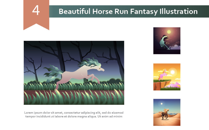4 belas ilustrações de fantasia de corrida a cavalo