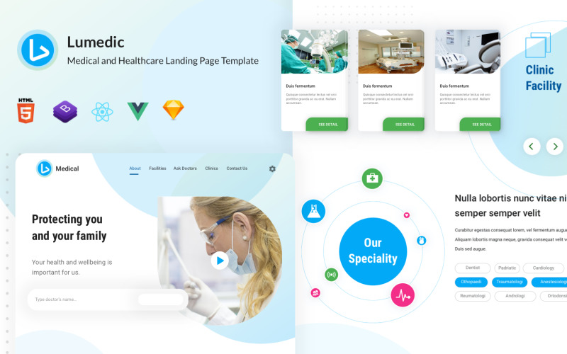 Lumedic - React Vue HTML Sketch Medical and Healthcare Açılış Sayfası Şablonu