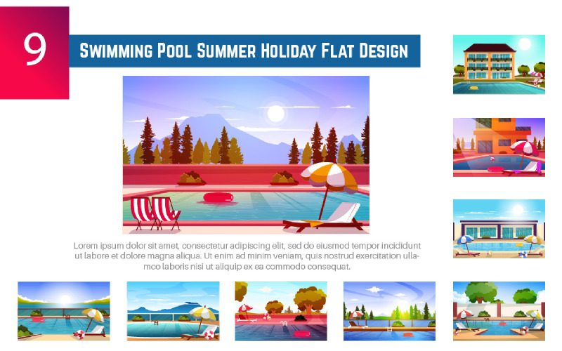 9 Ilustração de design plano de férias de verão de piscina