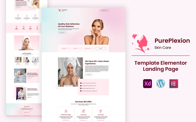 Plantilla de página de destino de Elementor lista para usar para el cuidado de la piel Pureplexion