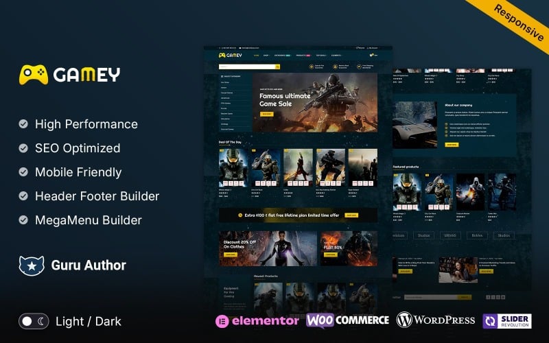 Gamey - Tema WooCommerce Elementor de jogo online