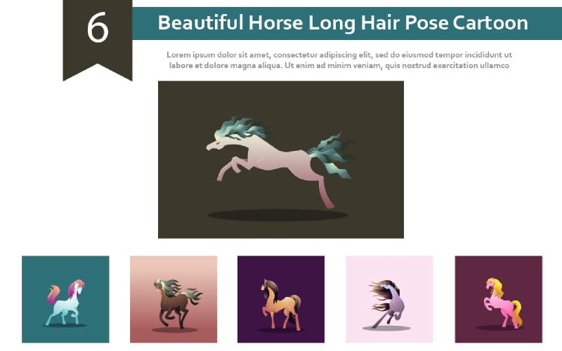 6 ilustración de dibujos animados de pose de pelo largo de caballo hermoso