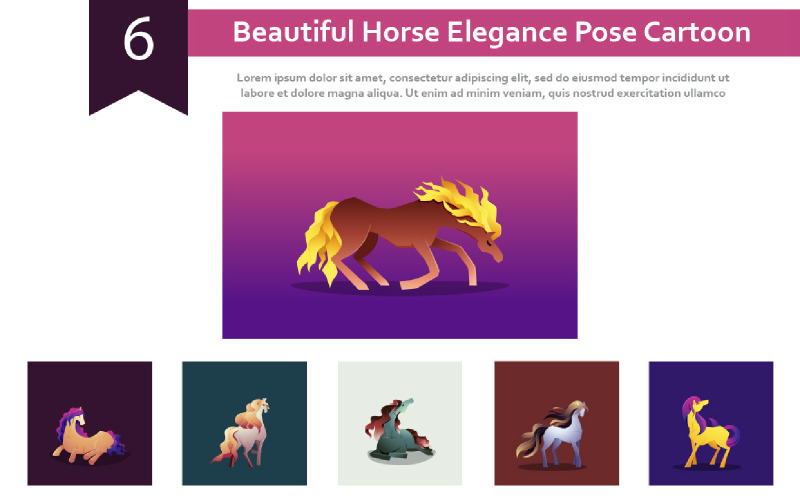 6 Krásný kůň Elegance Pose Kreslený obrázek