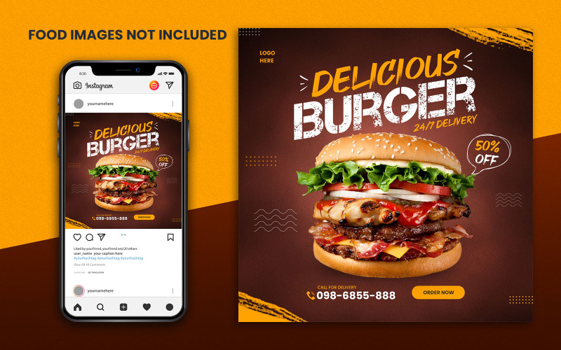 Plantilla gratuita de publicación en redes sociales | Diseño de publicación de instagram de comida | deliciosa hamburguesa
