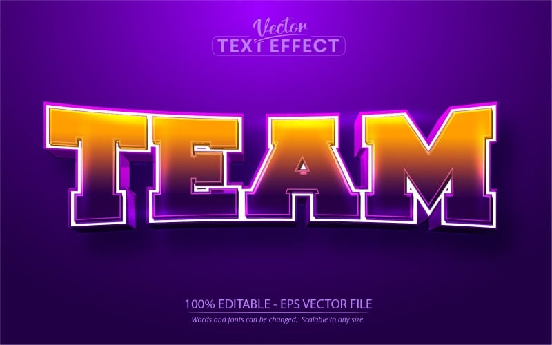 Equipe - Efeito de texto editável, estilo de texto esportivo roxo e laranja, ilustração gráfica