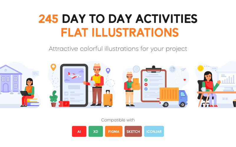 245 ilustrações planas de atividades do dia a dia
