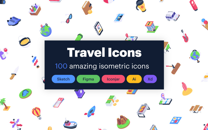 100 izometrické cestování vektorové ikony