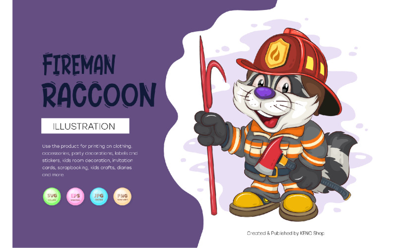 Cartoon procione vigile del fuoco. Maglietta, PNG, SVG.
