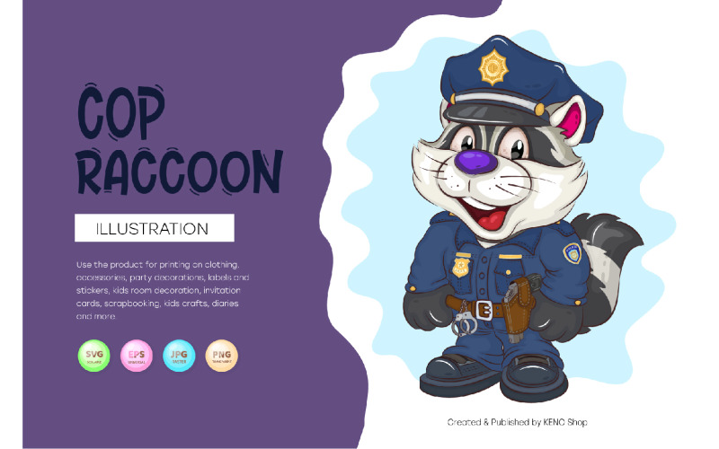 Rajzfilm Raccoon Cop. Póló, PNG, SVG.