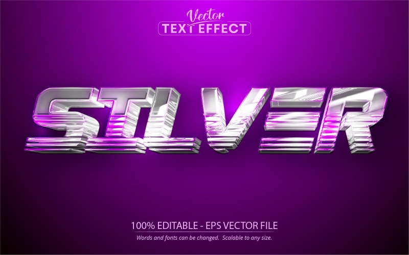 Zilver - bewerkbaar teksteffect, paarse metallic en zilveren tekststijl, grafische illustratie