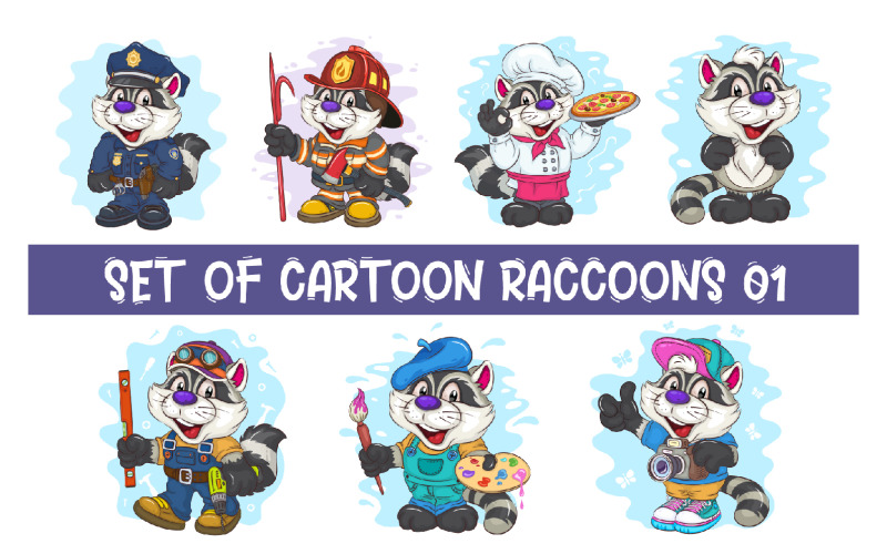 Ensemble de ratons laveurs de dessin animé 01. T-shirt.