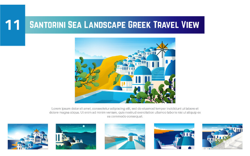 11 Illustrazione di vista di viaggio greca del paesaggio del mare di Santorini