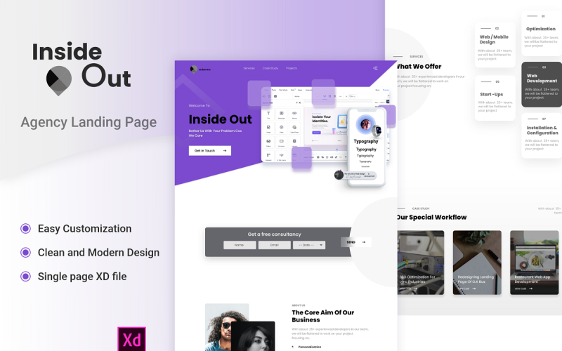 Inside Out - Un modèle de conception Adobe xd gratuit d'une page pour une agence numérique