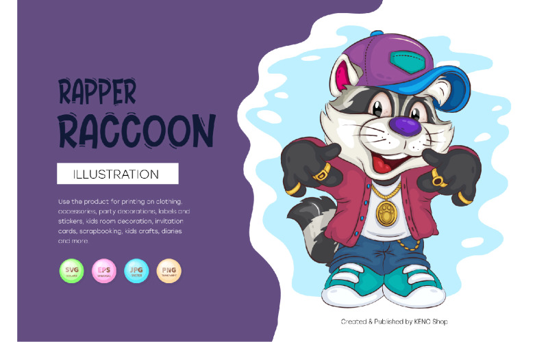 Rajzfilm Raccoon Hip-hop rapper. Póló, PNG, SVG.