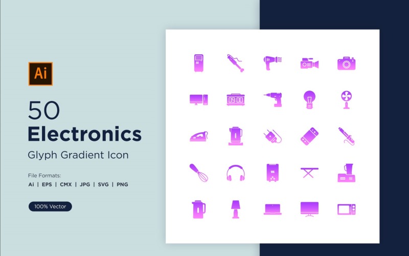 50 conjunto de iconos de gradiente de glifo de electrónica
