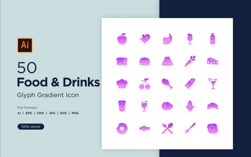 50 Eten en drinken Glyph Gradient Icon Set