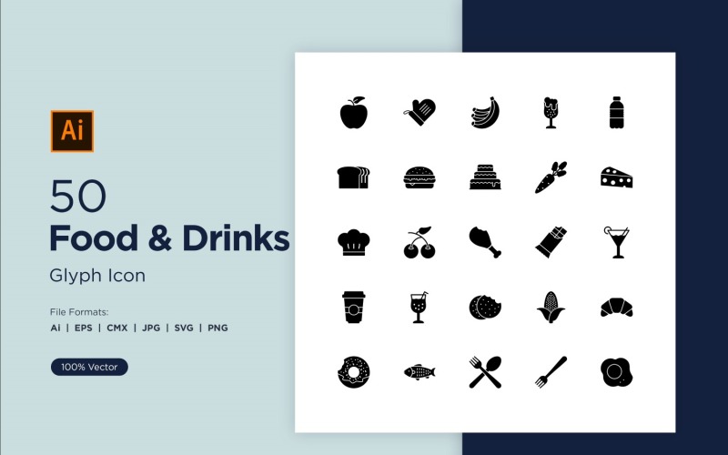 50 jeu d'icônes de glyphe de nourriture et de boisson