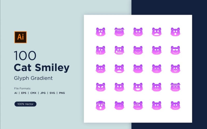 100 Kat Smiley Glyph Gradient Icon Set
