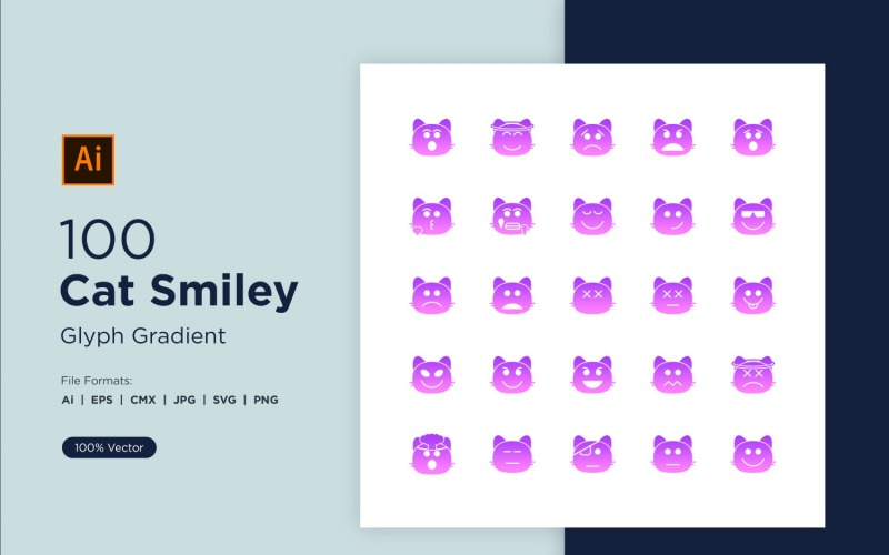 100 Kedi Smiley Glif Gradyan Simge Seti