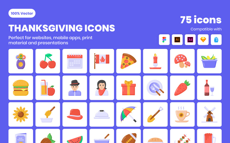 75 platta Thanksgivings ikoner vektorer
