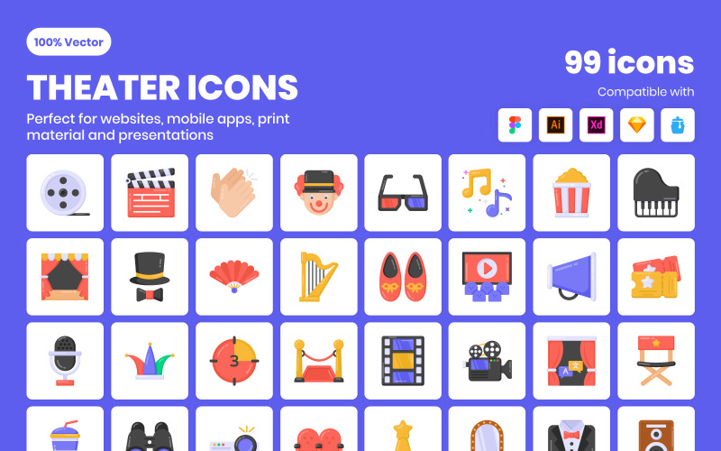 96 platte theater vector iconen