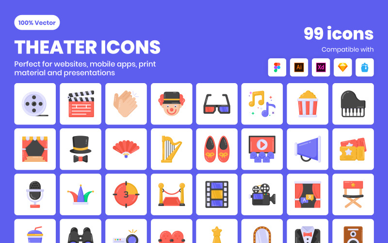 96 plochých divadelních vektorových ikon