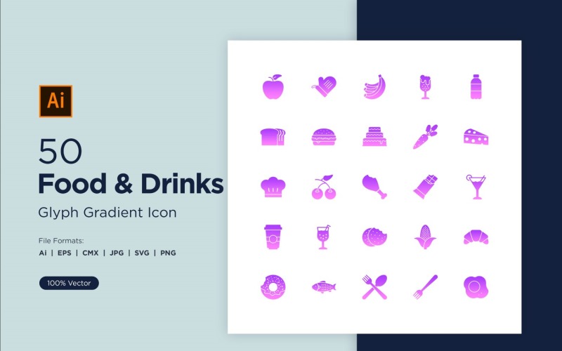 50 zestawów ikon gradientu glifów żywności i napojów