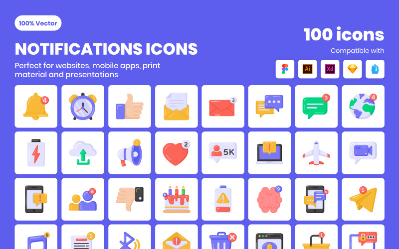 100 icone di notifica dettagliate piatte