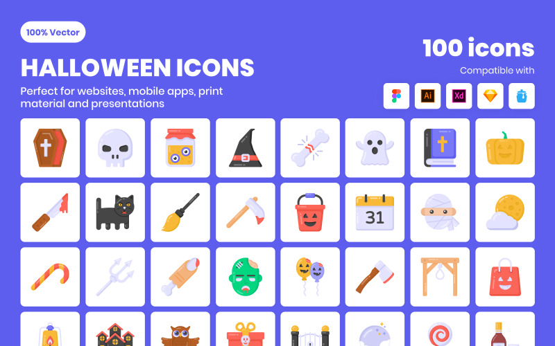 100 platte gedetailleerde Halloween-pictogrammen