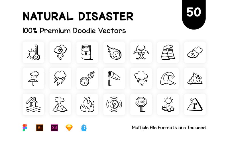 50 plochých vektorových ikon přírodních katastrof