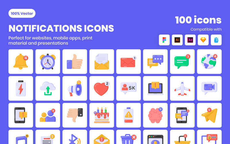 100 плоских подробных значков уведомлений