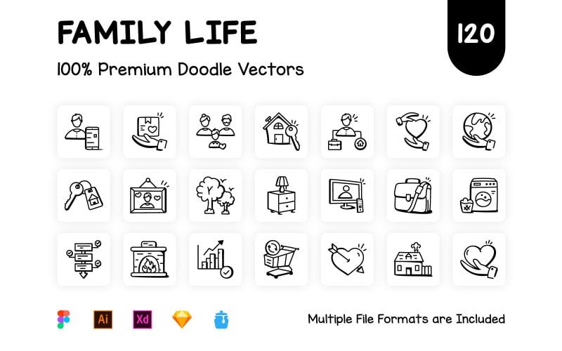 120 ručně kreslených ikon rodinného života
