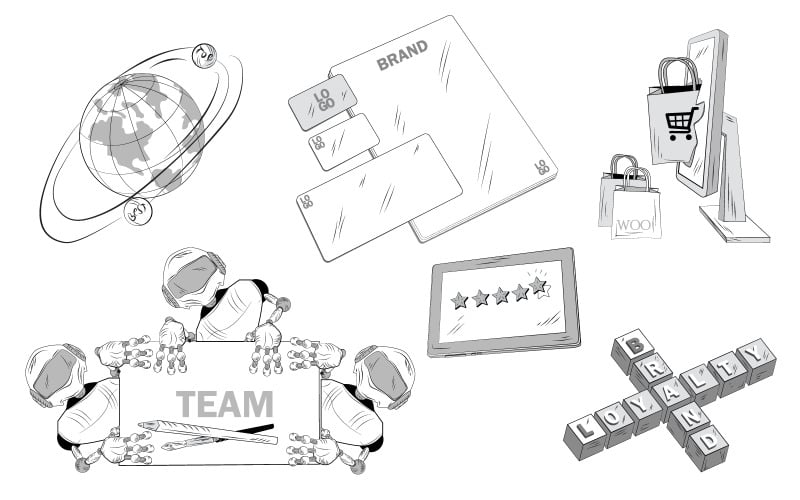 Шесть иллюстраций брендинга предметов