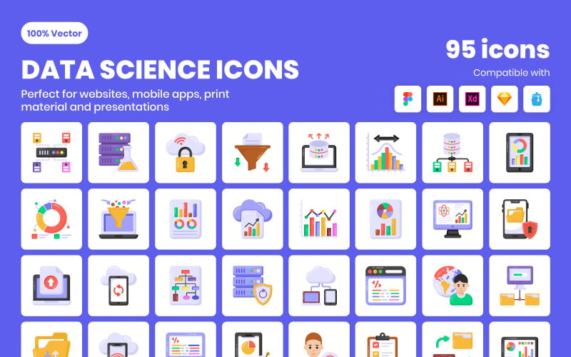 Set van 95 platte pictogrammen voor gegevenswetenschap