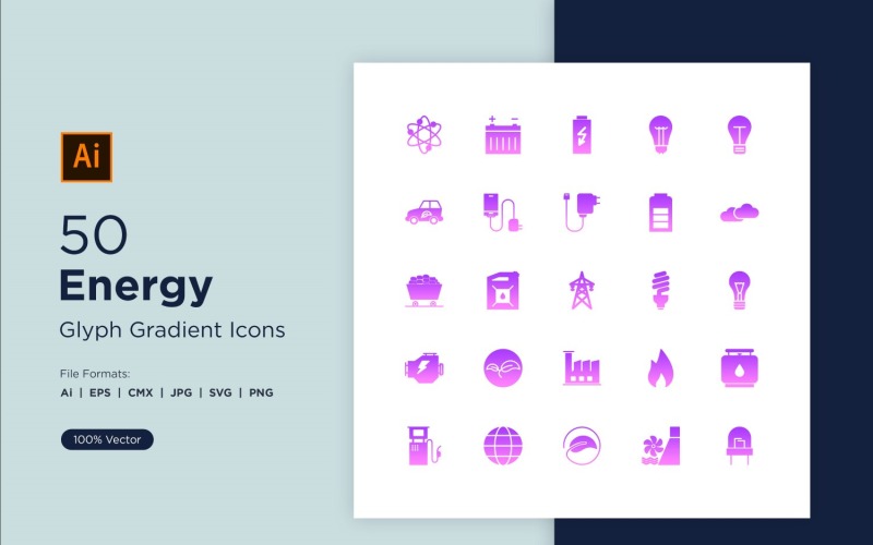 50 Energi Glyph Gradient Ikoner Set