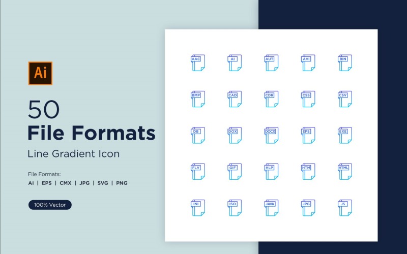 50 Filformat Linjegradient Ikonuppsättning