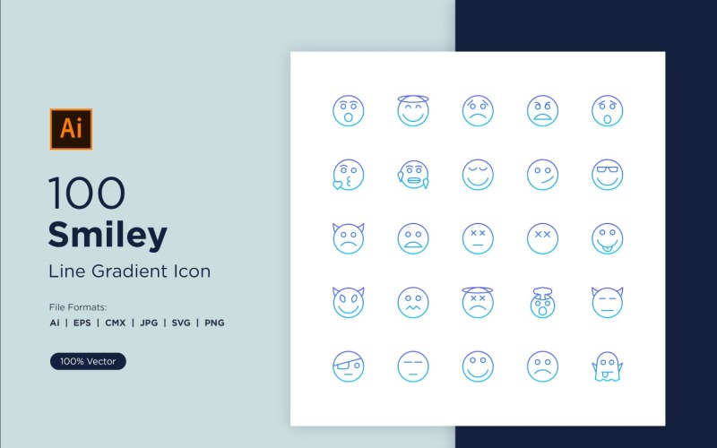 100 Smiley Line Gradient Ikonuppsättning