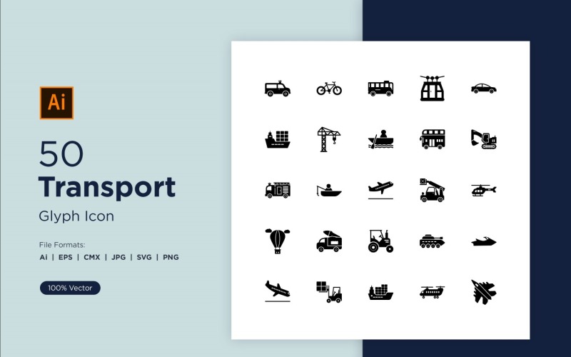 50 transport Glyph Icons Set