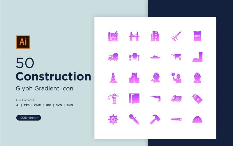 Zestaw 50 ikon gradientu glifów budowlanych